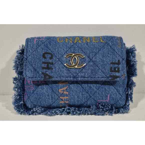 Chanel 22P Blue Denim Graffiti CC Logo Shoulder Crossbody Clutch Credit Card Bag - Picture 4 of 12